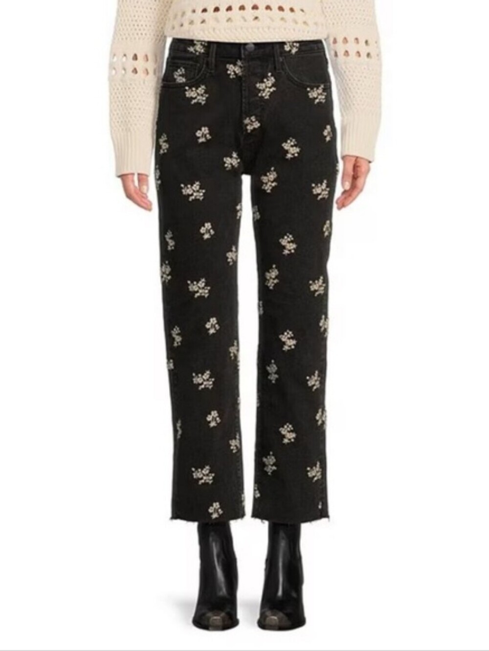 Driftwood Royce Black Embroidered Straight Leg Jeans Women’s 32 Boho Floral Fray